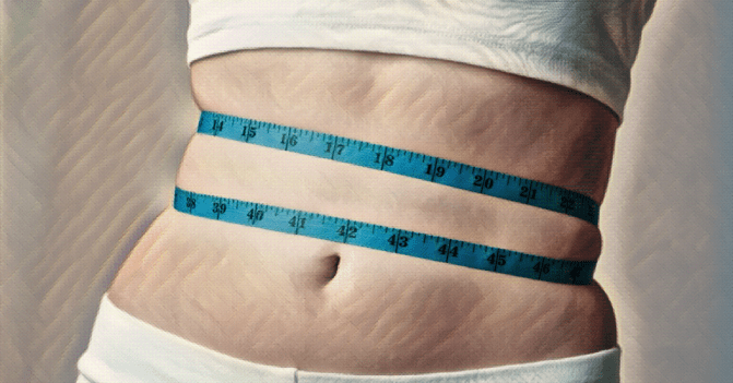 image of a woman's stomach wrapped in a measuring tape. she is wearing a white pair of shorts below the belly button and a white sports bra.