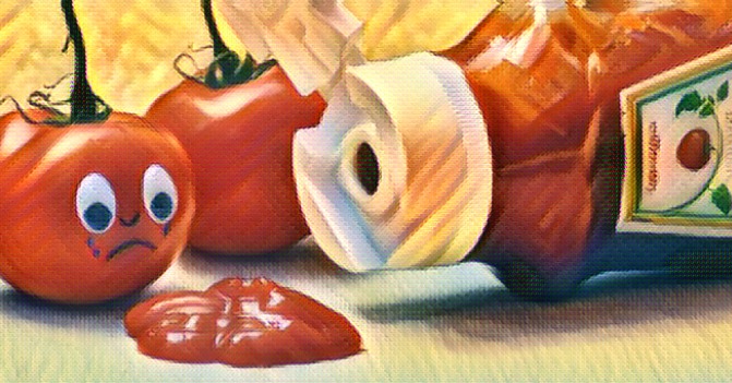 a tomato -- with a face drawn on it -- cries as it sees the puddle of ketchup just squirted out of a bottle of Heinz ketchup.