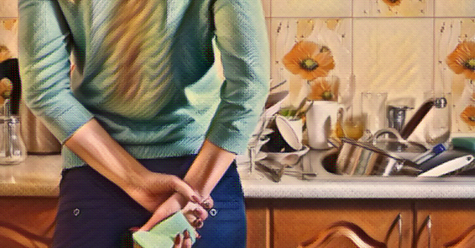 A woman stands at the kitchen counter, her kitchen sink filled with dishes and more cluttering the countertop.