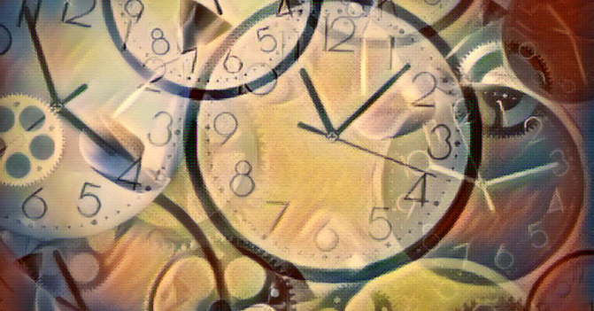 photo illustration of a pile of clocks, all showing different times, gears exposed in places