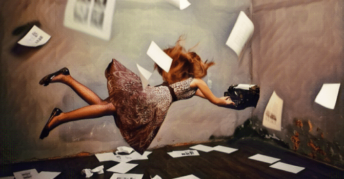 a woman wearing a dress is stretched out -- in flight, it appears -- typing on an old-fashioned manual typewriter, papers flying in the air, too, as well as scattered on the floor.