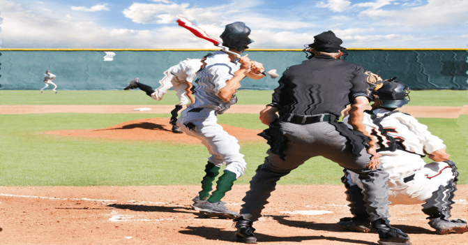 A batter at the plate, catcher and umpire in position, and a pitcher who has just released a baseball. Defenders are in position, ready for a hit, should it happen. All seems like a normal varsity baseball game except for the eerie, wobbliness marring the image. It is a Freaky Friday experience.
