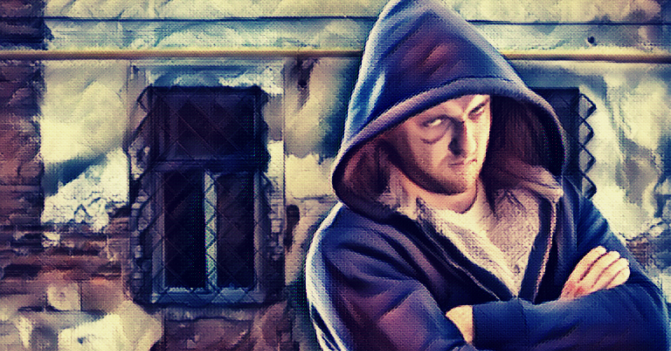 photo illustration: a hooded man with a cut on his nose and under his eye stares menacingly at the camera against a backdrop of a dismal building with bars on the windows