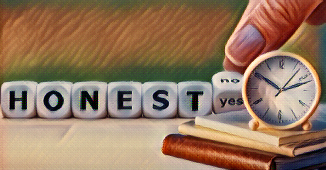 Photo illustration. Dice with letters on them spell out the word honest while a person's fingers flips a final last die showing the options no or yes. In front of the set of dice is a small clock, adding the time element to the decision of when honesty is best.