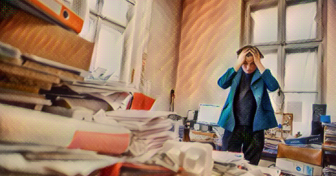 a teacher -- surrounded with piles and piles of folders and paper and more, grasps her head in complete exasperation and overwhelm