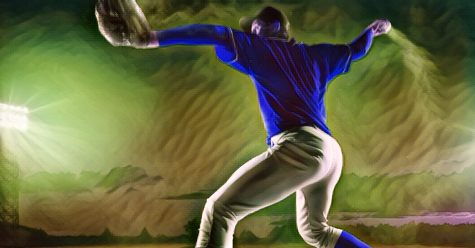 A baseball pitcher in motion as he throws the ball toward home plate.