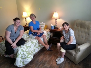 My niece Cheryl, her mom, Dixie, and my mother in her new room. 