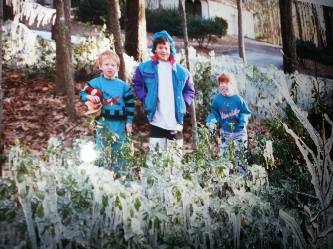 Back when my children were little, my husband would run the sprinklers during the cold weather -- to protect the plants and delight the children.