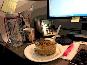 More evidence of "Dine at Desk" November... my lunch of turkey and rice soup (homemade with leftover turkey from LAST Thanksgiving so I can make room for next week's leftovers...)