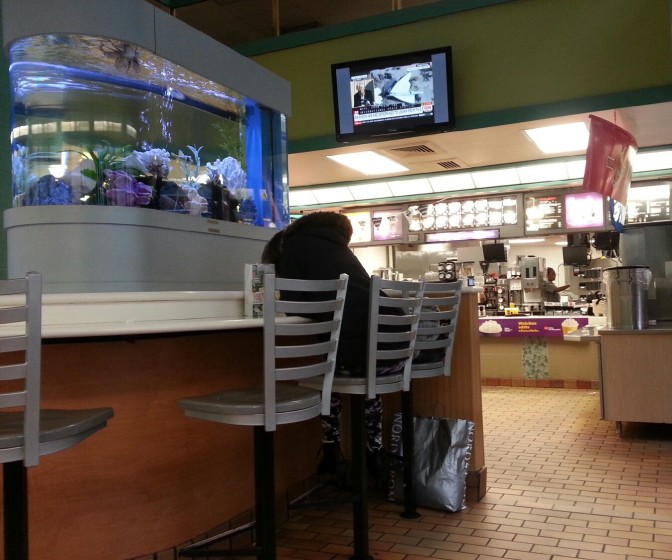 When this patron came into McDonalds with her Nordstrom's bag, I thought she was a shopper -- until I remember that it was but 6:30 a.m. and the stores were not yet opened. She made her purchase and took her seat, only to fall asleep.