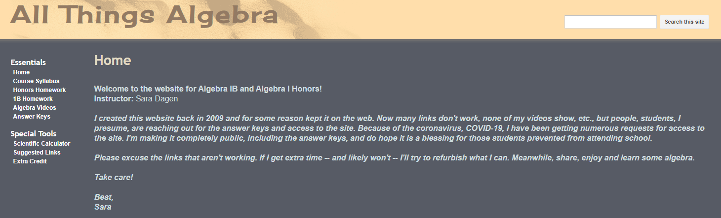 Screenshot of my All Things Algebra home page, now hosting a message to those students affected by the Coronavirus.