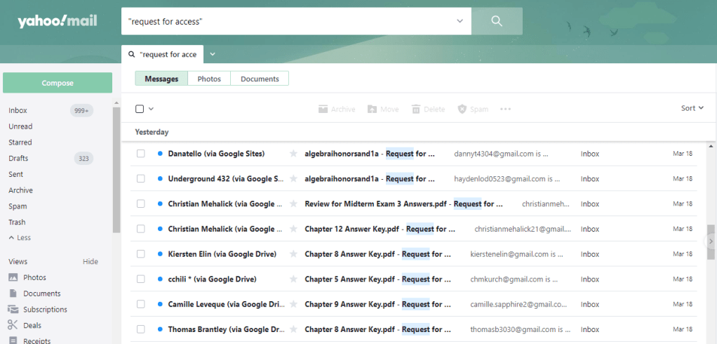 A screenshot of my email box showing email after email requesting access to different algebra answer keys.