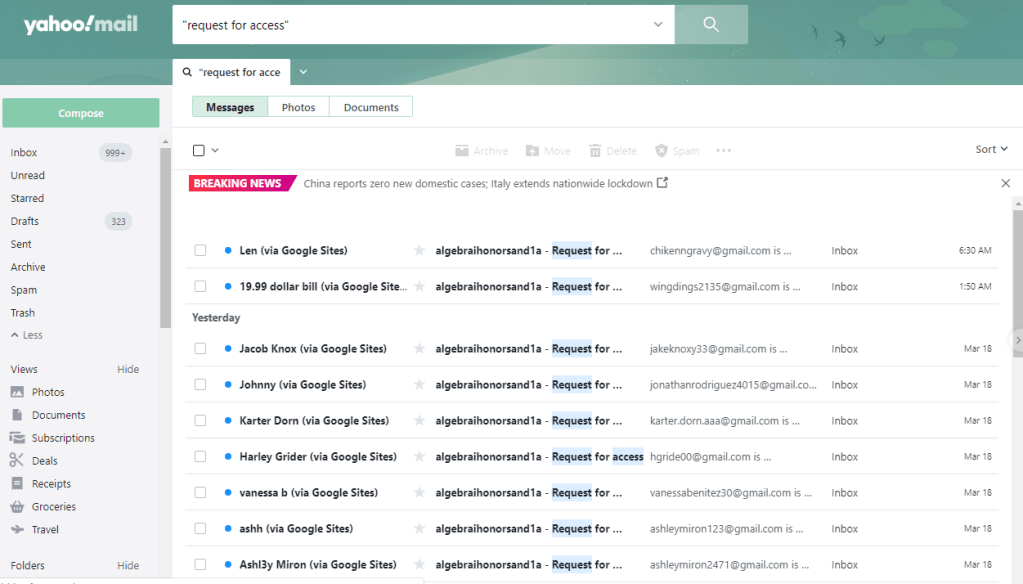 A screenshot of my email box filled with requests for access to the website where the answer keys had been hosted.