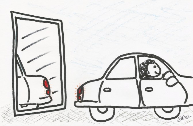a drawing of a woman who has backed her car up to a large mirror so she could inspect her brake lights