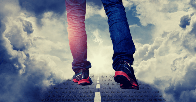 Photo illustration: a man walks on a road paved with God intentions that leads to Heaven