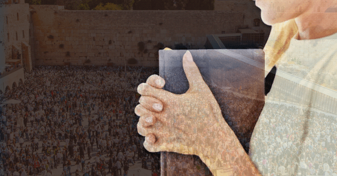 A present day woman clasps her Bible in front of a background of ancient Jerusalem populated with crowds of people as she reflects on the biblical story of the woman with the issue of blood