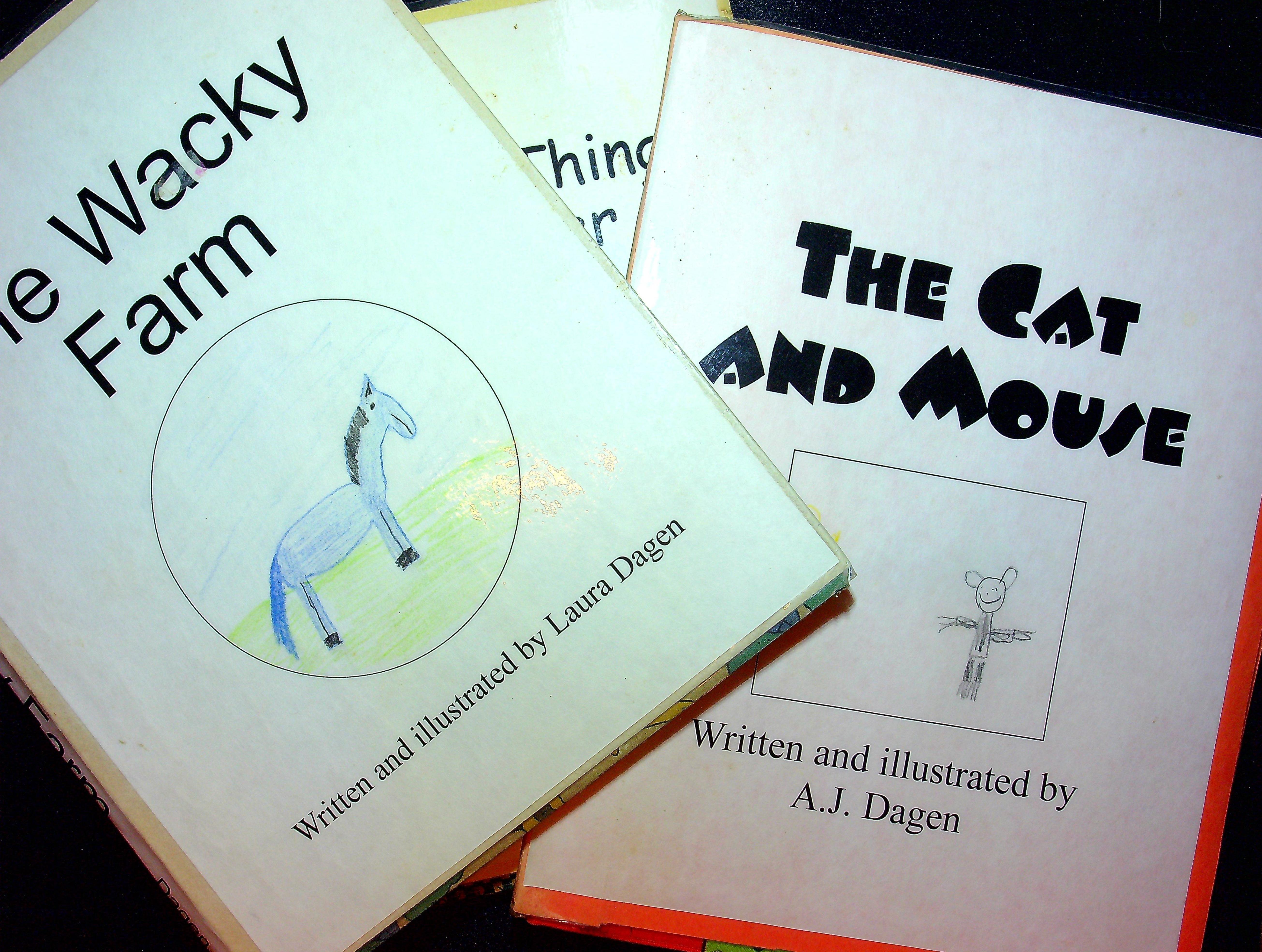 Three books written and illustrated by the Dagens back in 1998. The Wacky Farm by Laura Dagen, The Cat and Mouse by A.J. Dagen, and The Funny Thing About Laser Surgery by Sara Dagen.