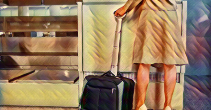 Photo illustration: a woman stands at the ticket counter at the airport with a roller suitcase at her side