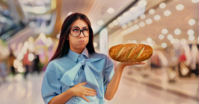 woman holding her belly and a loaf of bread in one hand looks as if she is so full she will be sick. In the background is a shopping mall.