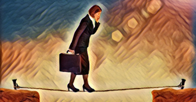 Photo illustration: a business woman holding a briefcase and speaking on a cell phone and wearing high heals, walks a tightrope across an abyss between two rocky cliffs