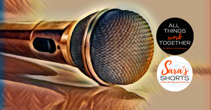 photo illustration: microphone laying on a counter and two logos, one for All Things Work Together, the other for Sara's Shorts, pocket-sized stories for the soul