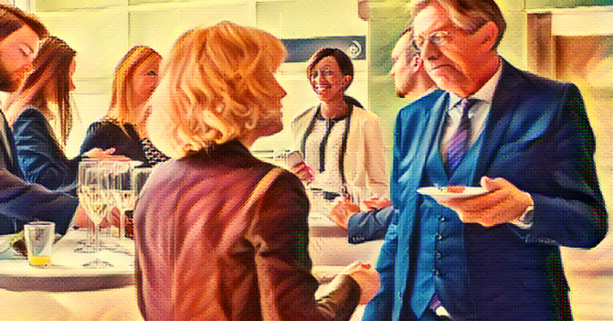 Photo illustration: A woman approaches an unsmiling man at a networking event. A variety of other people stand around small cocktail tables conversing over drinks.