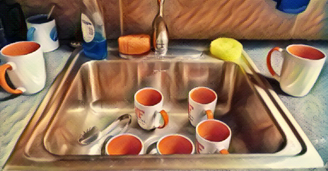 a sink filled with dirty coffee mugs