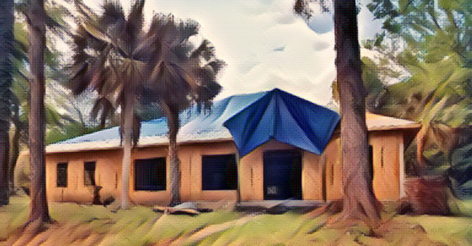 Photo of the corner house, bare wood walls, gaping, dark squares where windows will be, a roof draped in varying tarps of blue. Palms and pine trees grace the landscape, untrimmed, debris from fallen fronds and branches clutter the yard.