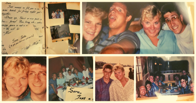 a collage of photos from the early days of sara and bill's relationship. one image in the collage shows scrapbook pages that include bill's hand-written calligraphy invitation to a "formal" dinner -- at McDonald's. It was their first date.