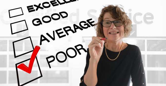 a disappointed (but mischievous) woman offers her summation of poor customer service from her car dealership, offering a poor rating