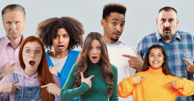 photo illustration. seven people -- all ages, sexes, and colors -- point to themselves in surprise as if to question Me?