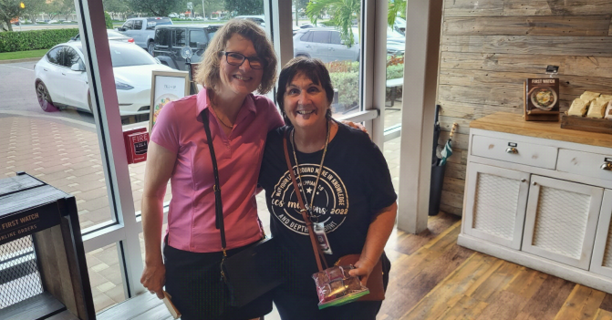Sara, left, and Becky after their breakfast in September.