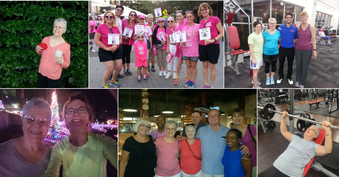 a collage of photos showing Connie with "knitted knockers," her troop walking against breast cancer, the powerline team, Sara and Connie enjoying the Christmas lights at the duck pond (a reward for a walk in the early morning hours), the step class meeting for lunch, and Connie showing off her chest press finesse.