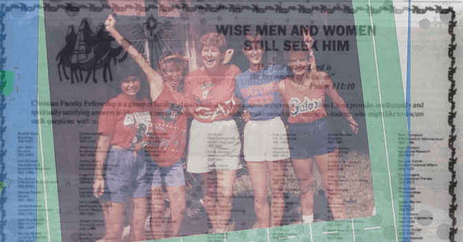 collage of photos overlaying one another, including a picture of the J. Wayne Reitz Union colonnade, an advertisement in the newspaper, and a group photo of girls going to a Gator football game